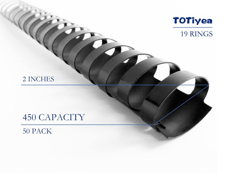 TOTiyea 50 Pack 19 Ring Plastic Binding Combs, 2 Inch Diameter, 450 Sheet Capacity, Letter Size, Black Comb Binding Spines - Image 3